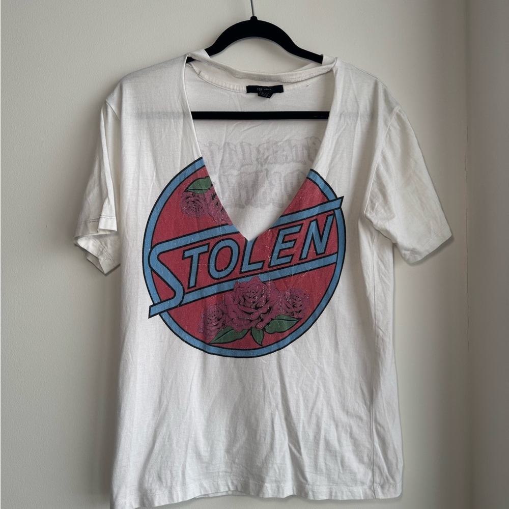 Forever 21 White Short-Sleeve V-Neck Graphic Tee with Red & Blue Logo